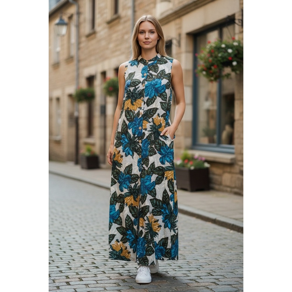 Carole Little Linen Cotton Floral Maxi Dress Blue Yellow Sleeveless Size 14
